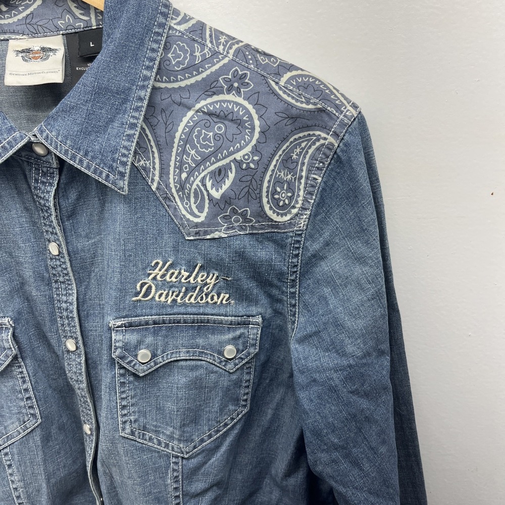 Vintage Harley Davidson Women's Large Pearl Snap Western Long Sleeve Button Up - Picture 4 of 14